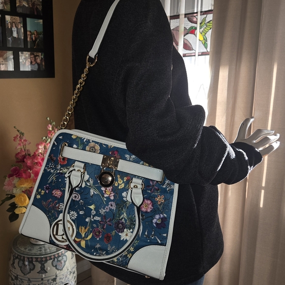 Dasein Handbags - Dasein Floral Satchel Crossbody Bag Blue White Gold Hardware